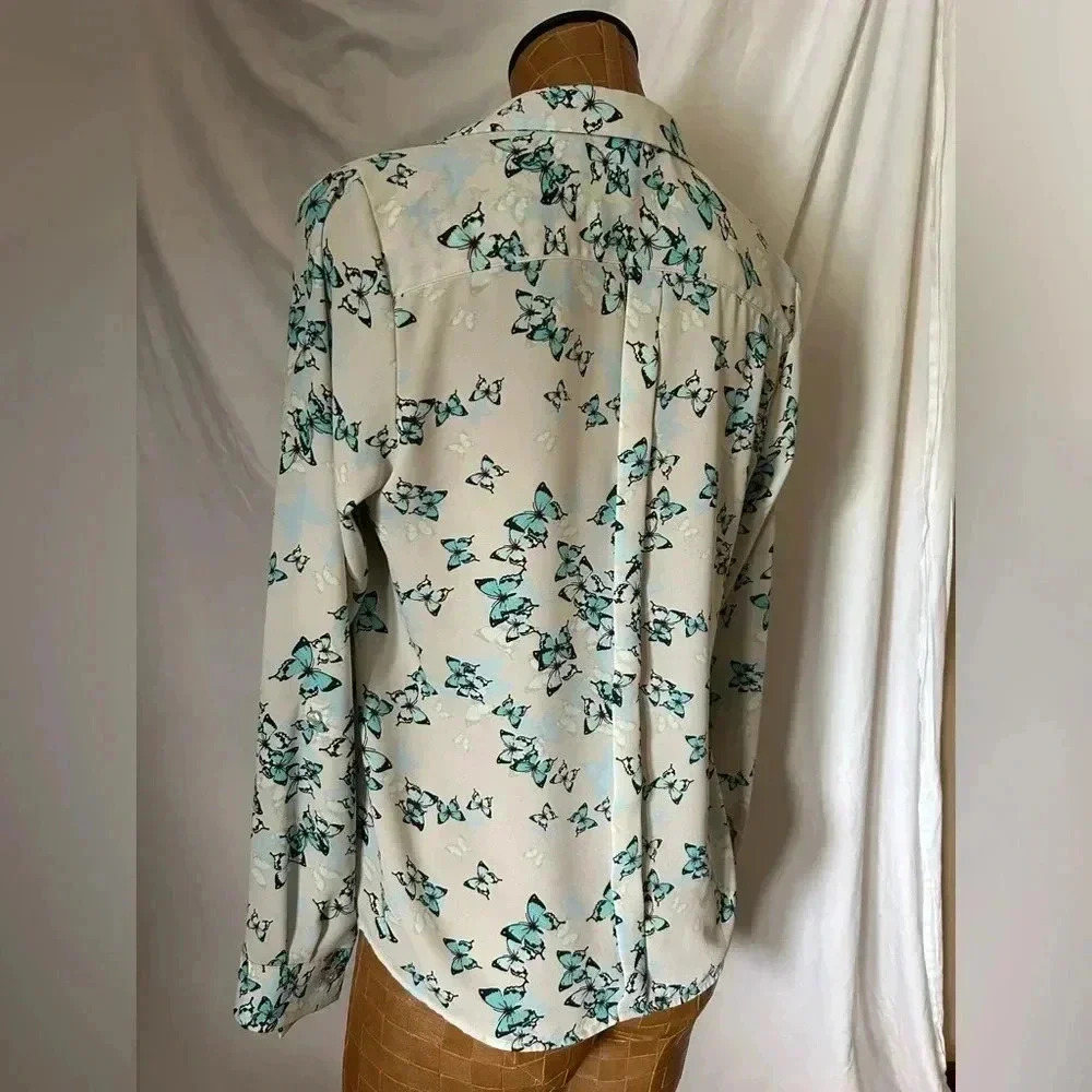 The Limited Ashton Butterfly Print Button Down Blouse Teal Cream Small - Picture 2 of 7